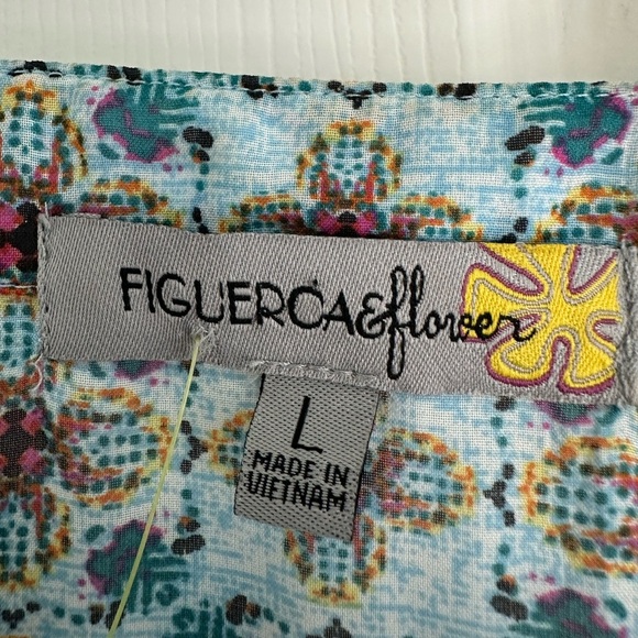 Figueroa and Flower Top Womens Large BOHO Blouse Roll Tab Blue Floral - Picture 2 of 4